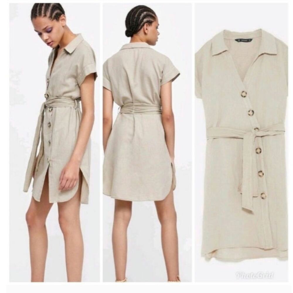 Zara Basic mini‎ shirt dress sz XS button up front attached belt collar cream